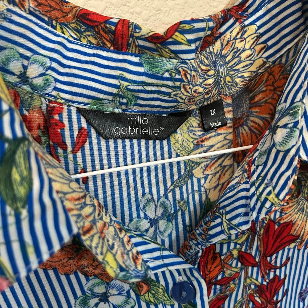 Mlle Gabriele Women’s Floral Dress Size 2XL Blue Striped Sleeveless Button Front